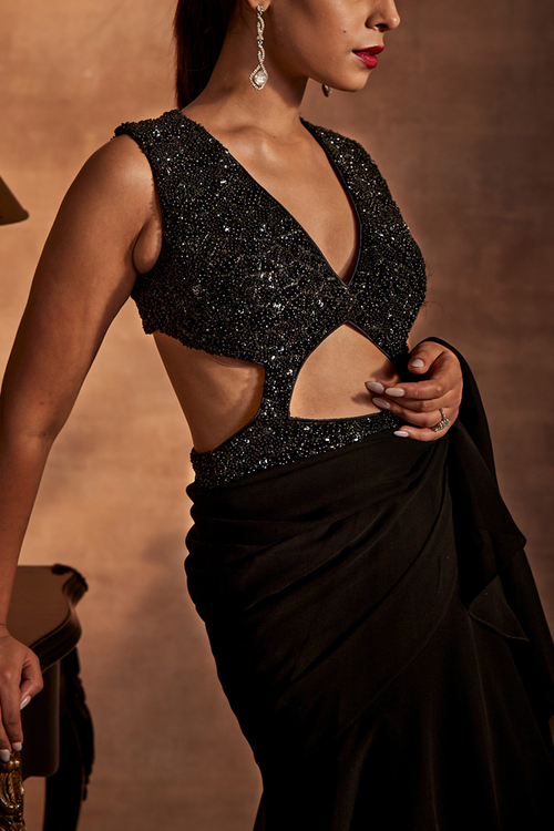 Black Drape Saree with attached Blouse