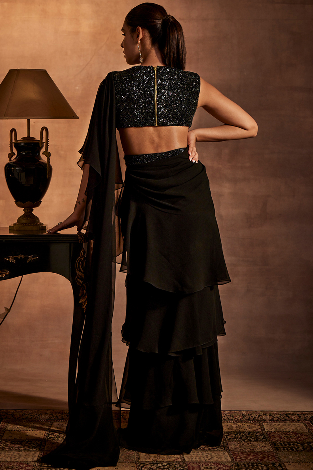 Black Drape Saree with attached Blouse