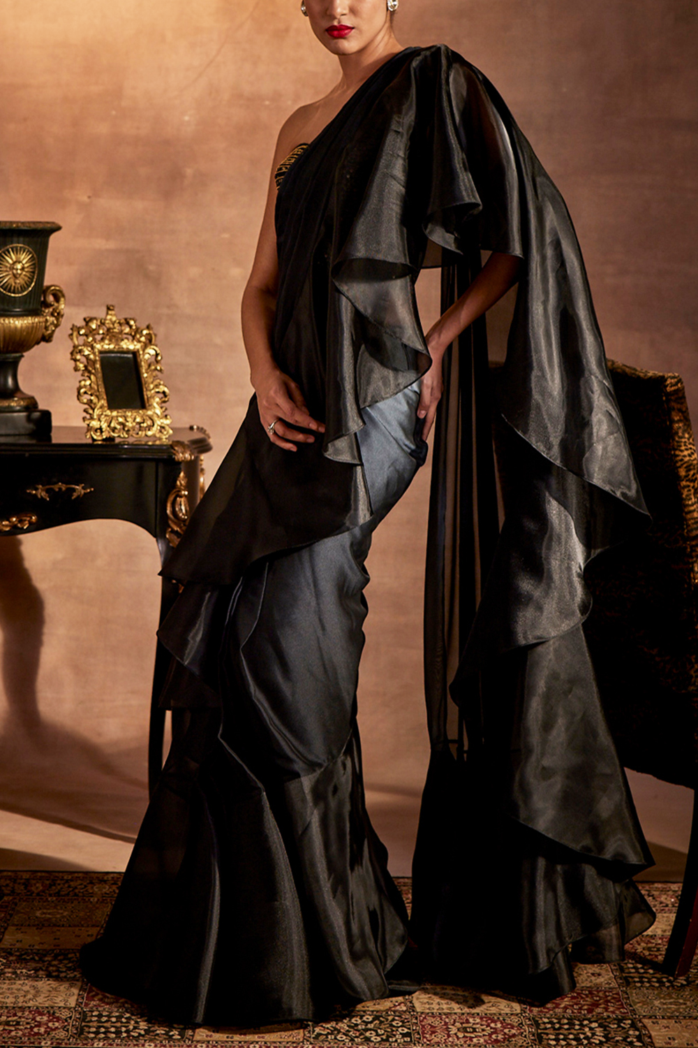 Black and Grey Drape Saree with Corset Blouse