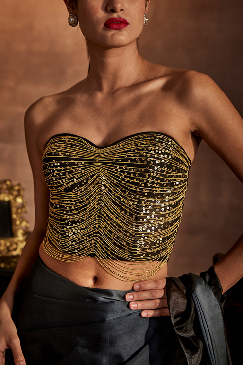 Black and Grey Drape Saree with Corset Blouse
