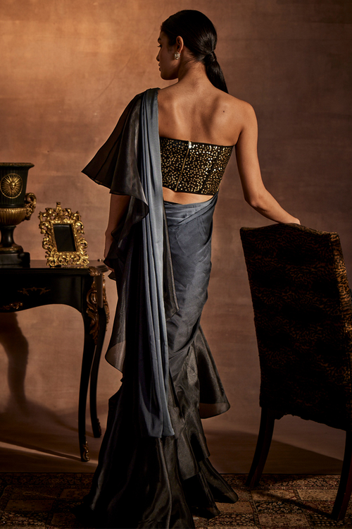 Black and Grey Drape Saree with Corset Blouse