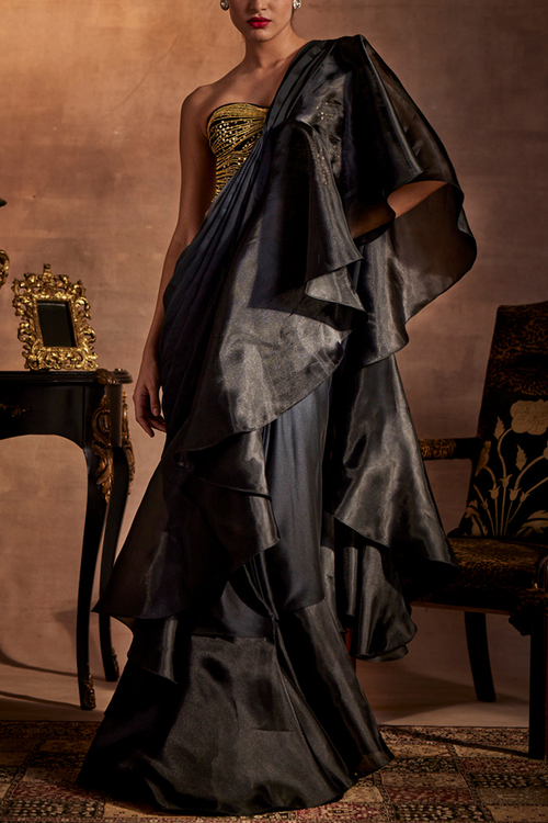 Black and Grey Drape Saree with Corset Blouse