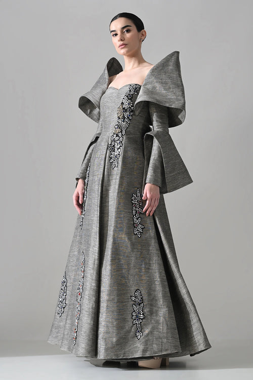 Grey Gown With Embellished Panels