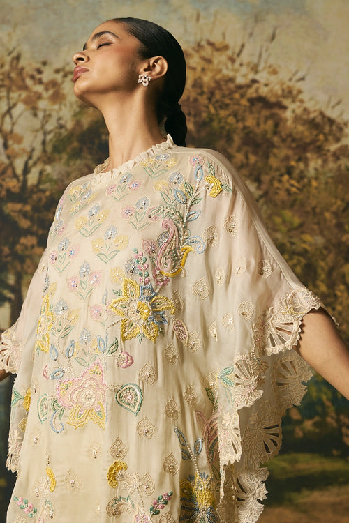 Ivory Paisley Detail Kaftan With Floral Straight Pants