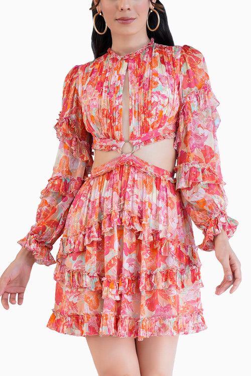 Red Dark Orchid Printed Short Tiered Dress With Waist Cutout And Frill Detail
