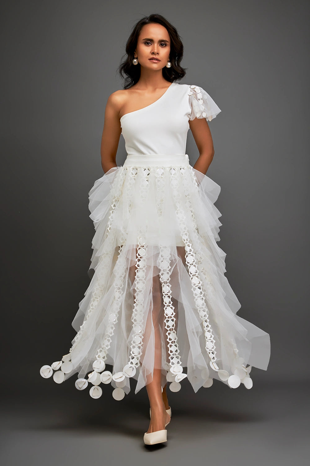 Shadow White Top With Geometry Tulle Skirt
