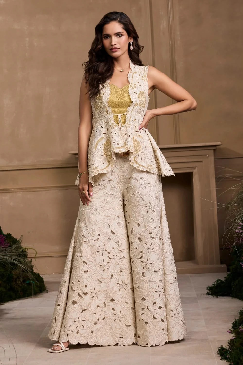 Gold Bustier And Peplum Jacket With Sharara Pants