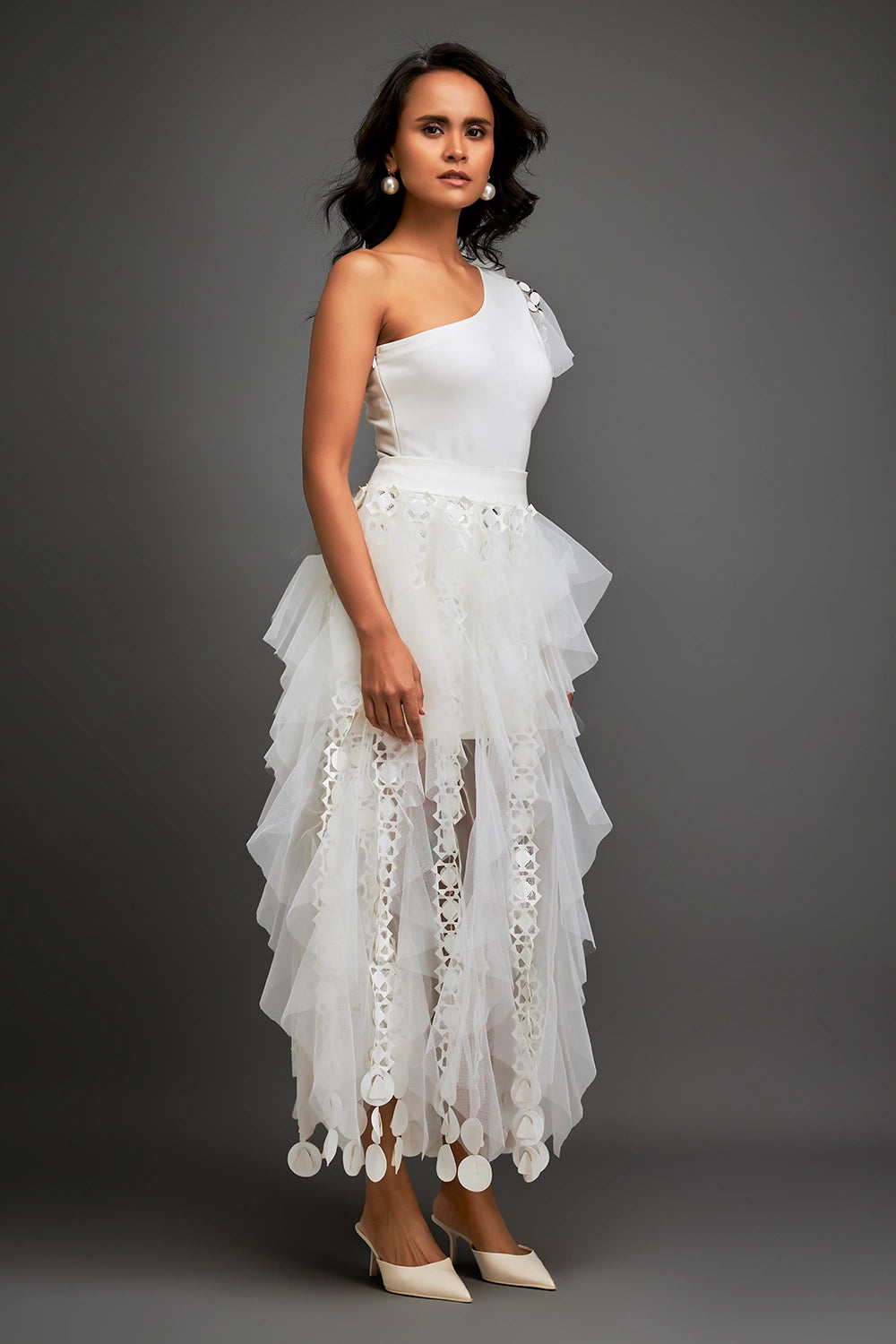 Shadow White Top With Geometry Tulle Skirt