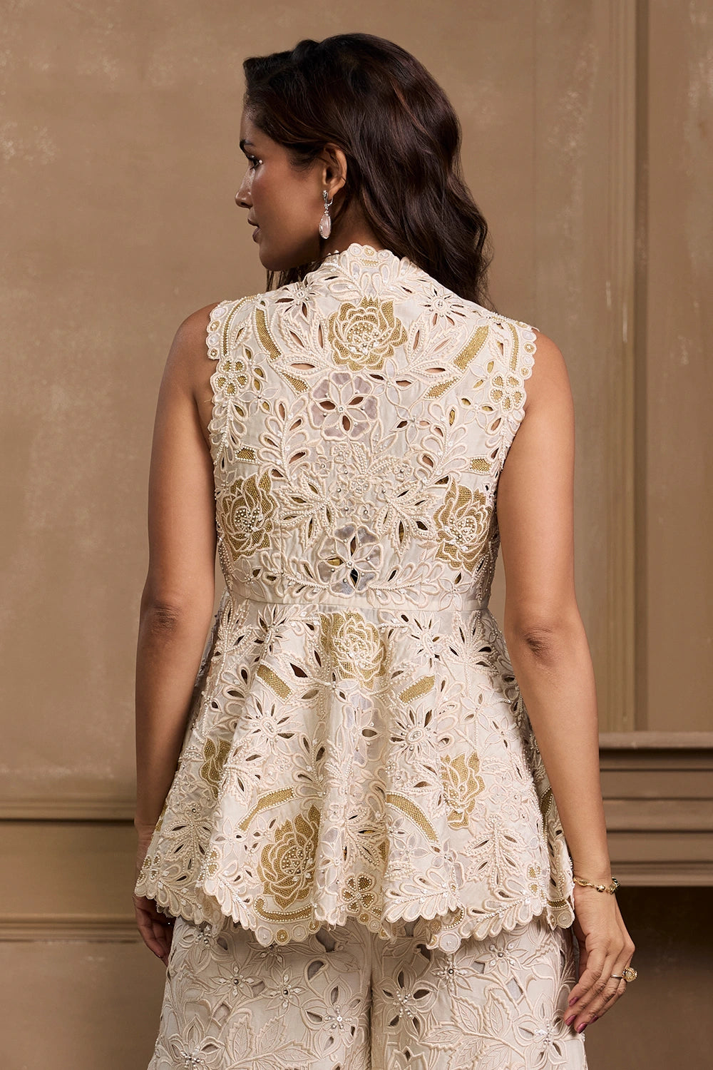 Ivory Applique And Cutwork Peplum Jacket