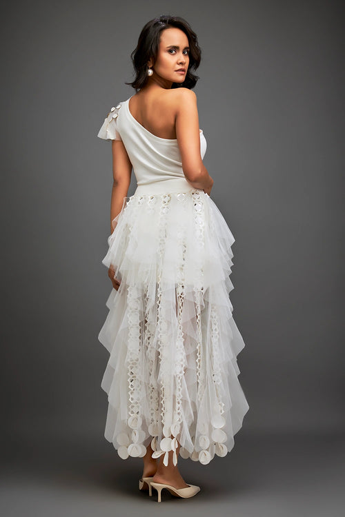 Shadow White Top With Geometry Tulle Skirt