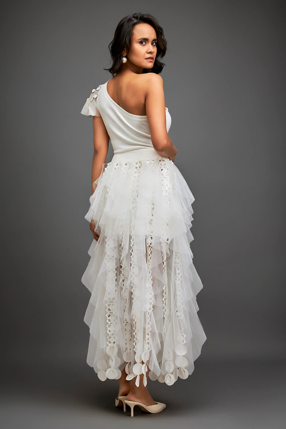 Shadow White Top With Geometry Tulle Skirt