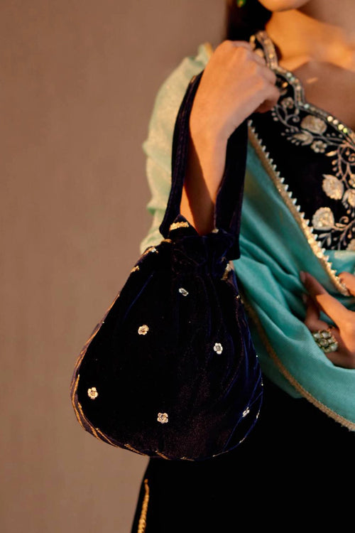 Navy Blue Embroidered Potli Bag