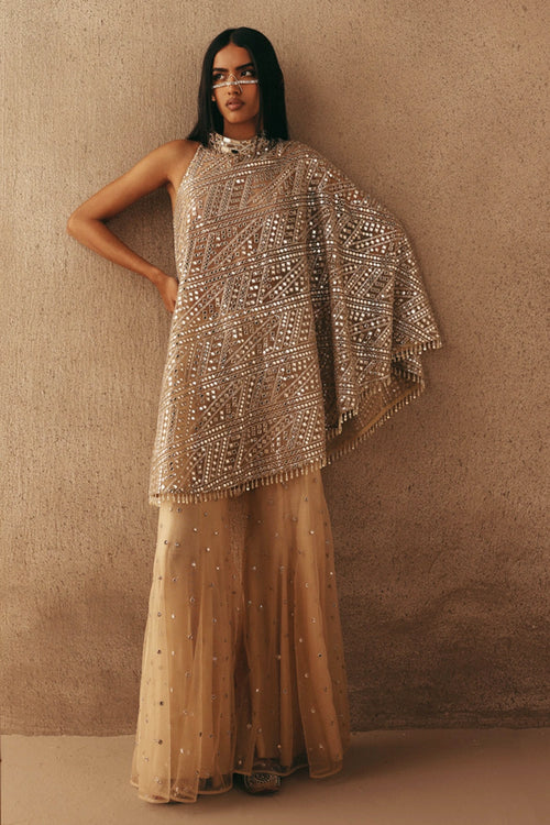 Natural Mirrorwork Band Collar One Shoulder Dress Top with Bootcut Pants