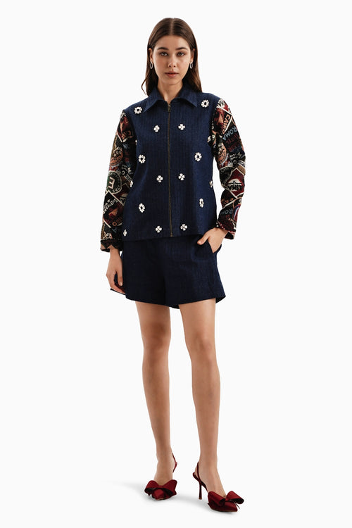 Dark Denim Herringbone Jacket with Stamp Jacquard Sleeves