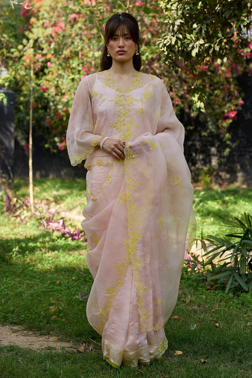First Light Pink Embroidered Saree With Blouse