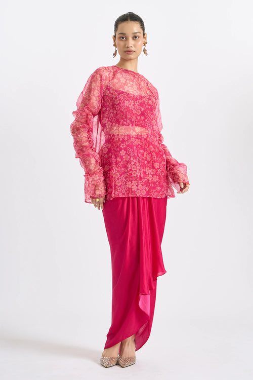 Fuchsia Ruched-Sleeve Top And Skirt Set