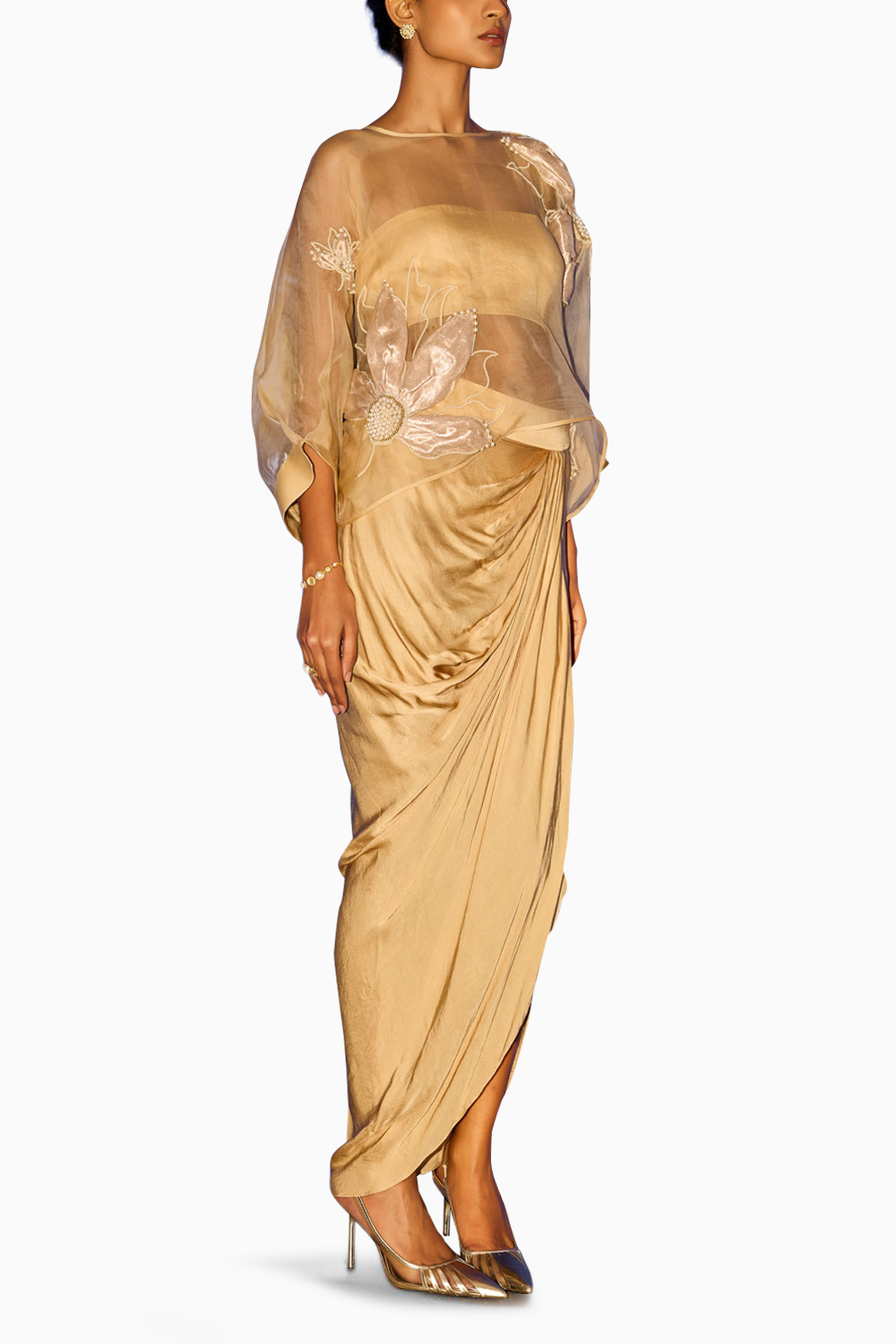 Embroidered Organza Kaftan with Bandeau and Dhoti Skirt