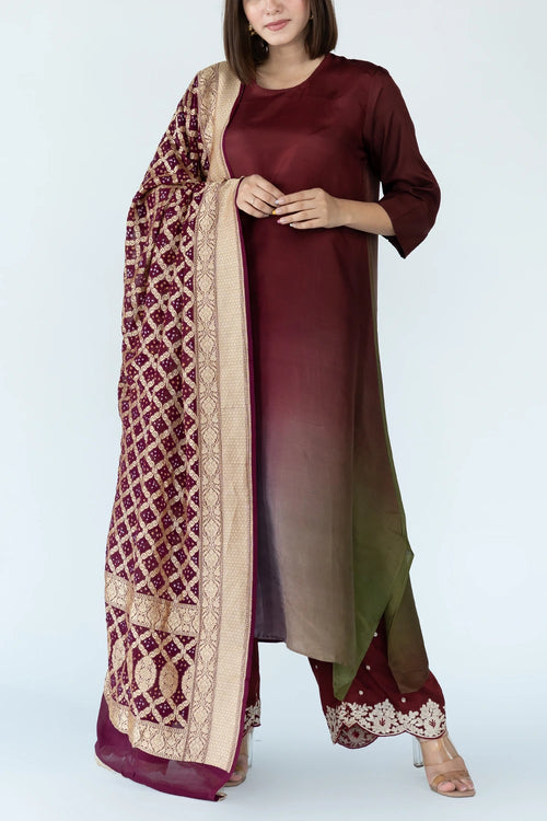 Maroon Ombre Kurta With Dupatta