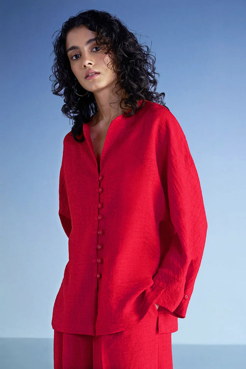 Buttoned Cuff Linen-Textured Shirt and Wide-Legged Pant Set