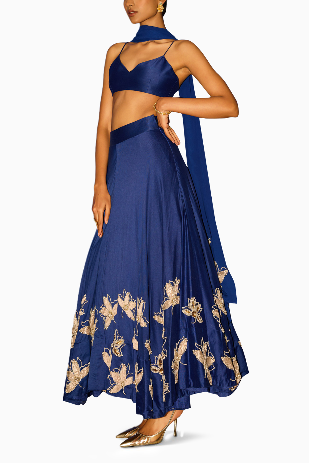 Embroidered Blue Lehenga with Bralette 
and Organza Dupatta