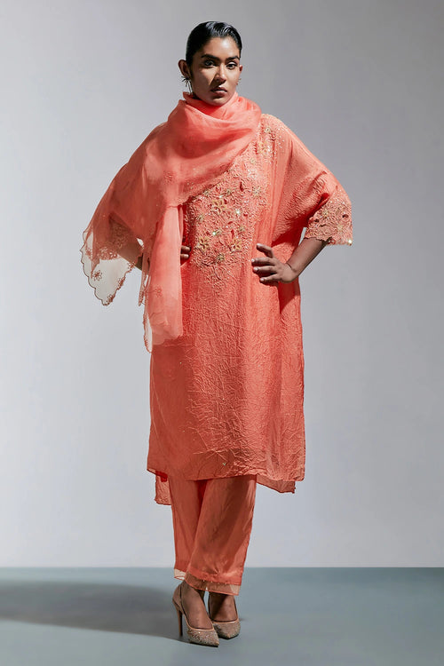 Floral Embroidered Organza Vermilion Dupatta
