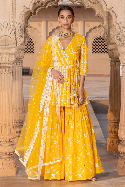 Orange SK-BK all-over Embroidered Sharara with Dupatta