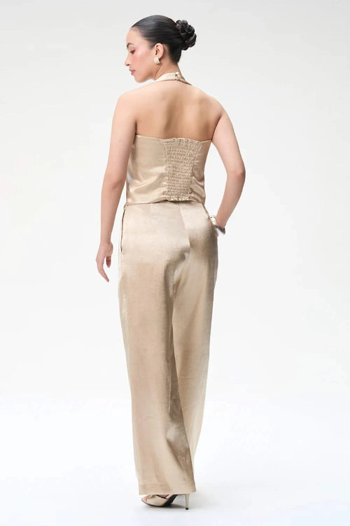 Champagne Halter Waistcoat With Gold Buttons and Trouser With Pleats