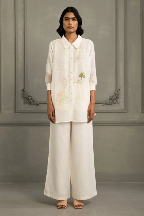 Ivory Gauze Linen Embroidered Shirt And Linen Pants Set
