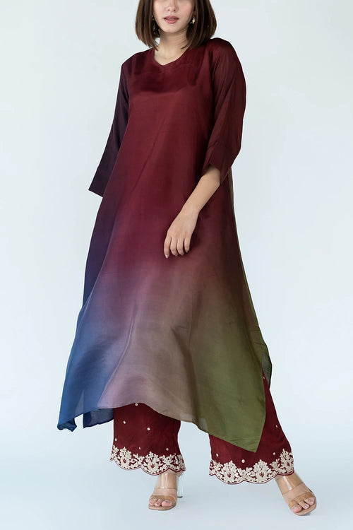 Maroon Ombre Kurta With Dupatta