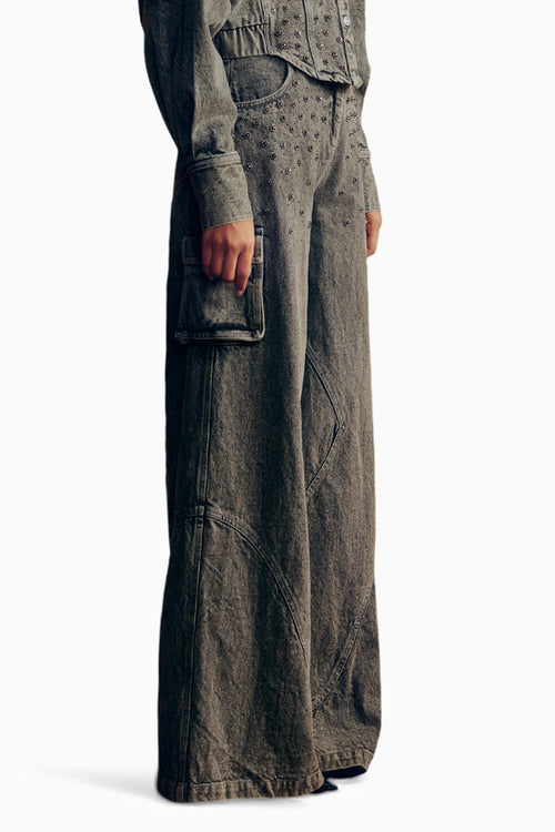 Washed Denim Embellished Flared Pants
