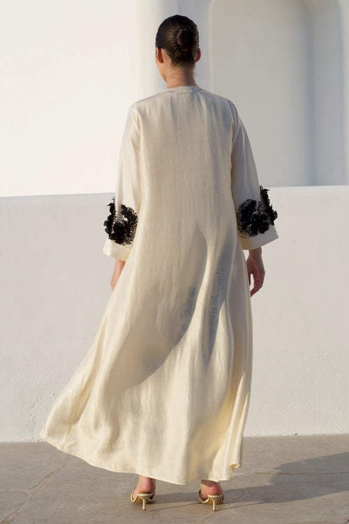 Ivory Black Paisley Abaya With Jalabiya