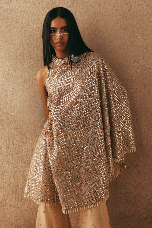 Natural Mirrorwork Band Collar One Shoulder Dress Top with Bootcut Pants