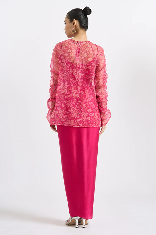 Fuchsia Ruched-Sleeve Top And Skirt Set