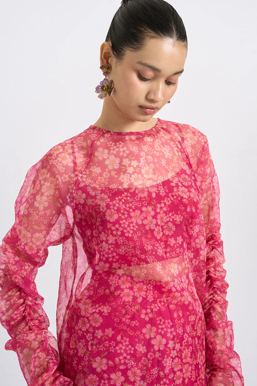 Fuchsia Ruched-Sleeve Top And Skirt Set