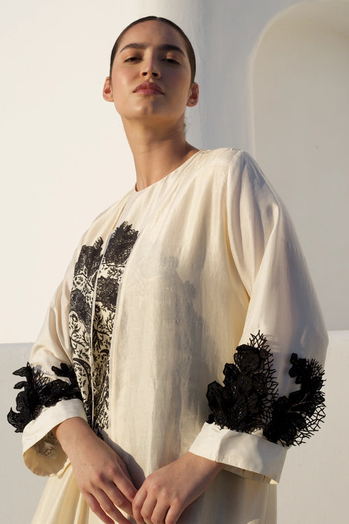 Ivory Black Paisley Abaya With Jalabiya