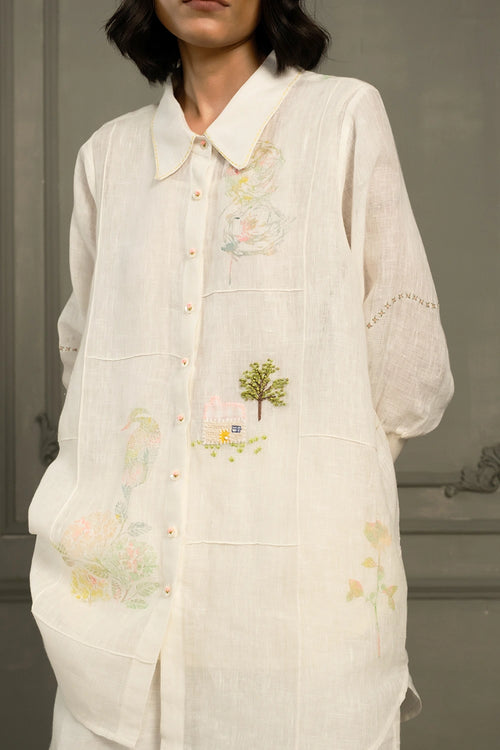 Ivory Gauze Linen Embroidered Shirt And Linen Pants Set