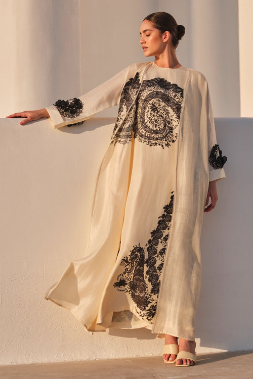 Ivory Black Paisley Abaya With Jalabiya