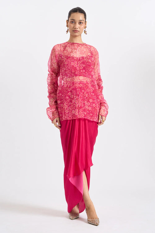 Fuchsia Ruched-Sleeve Top And Skirt Set