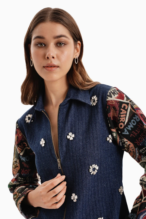 Dark Denim Herringbone Jacket with Stamp Jacquard Sleeves