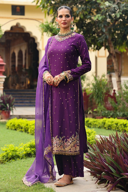 Ahista Purple Mayur Applique Long Kurta Set