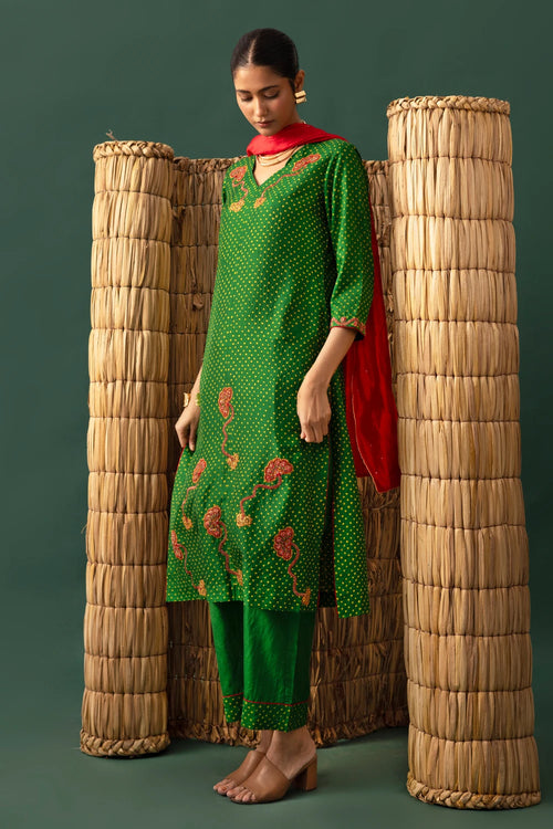 Green Bandhani Aari Suit Set