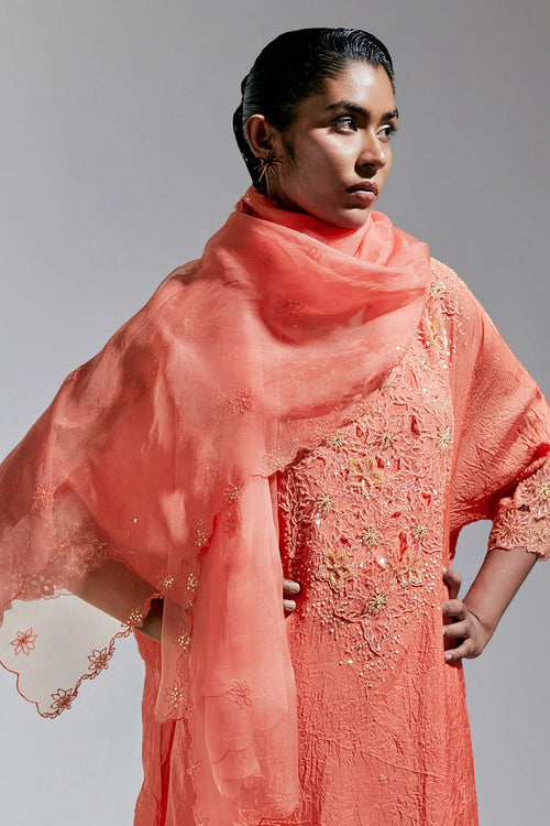 Floral Embroidered Organza Vermilion Dupatta