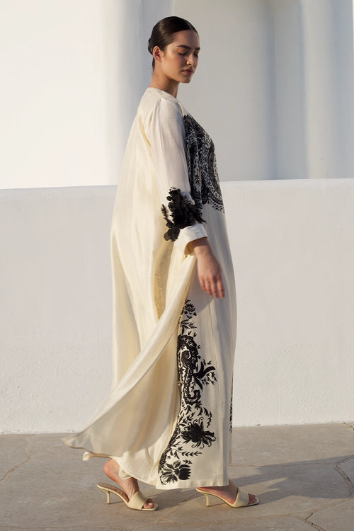 Ivory Black Paisley Abaya With Jalabiya