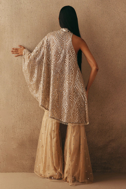Natural Mirrorwork Band Collar One Shoulder Dress Top with Bootcut Pants