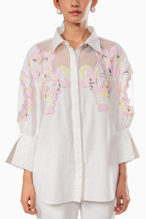 White Mesh Embellished Shirt