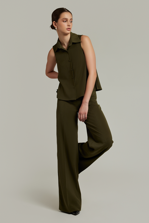 Military Green Stretch Suiting Sleeveless Top