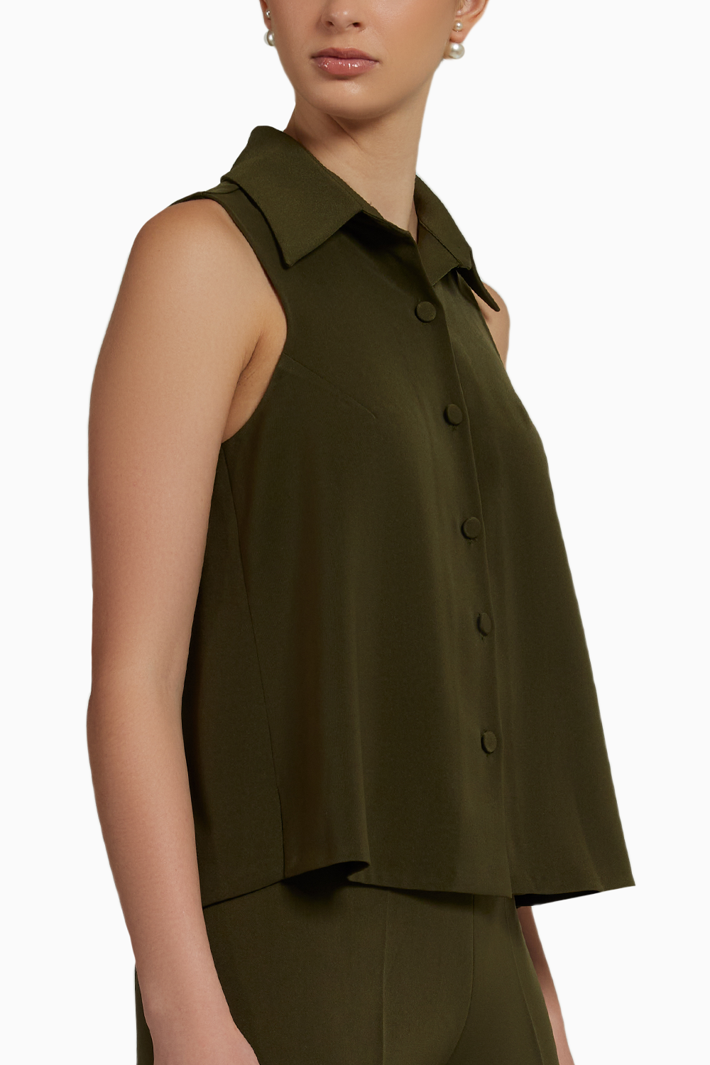 Military Green Stretch Suiting Sleeveless Top