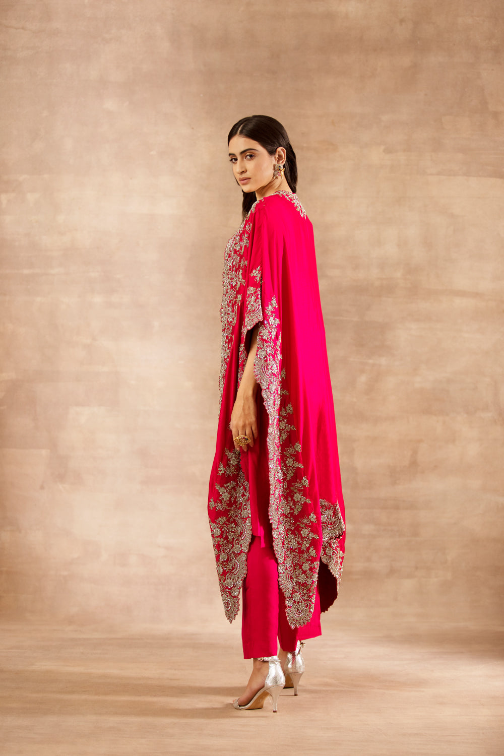 Pink Embroidered Cape with Slip and Palazzo