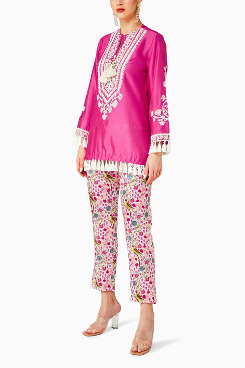 Rani Pink Embroidered Kurta And White Parrot Pant Set