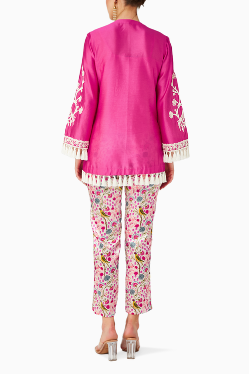 Rani Pink Embroidered Kurta And White Parrot Pant Set